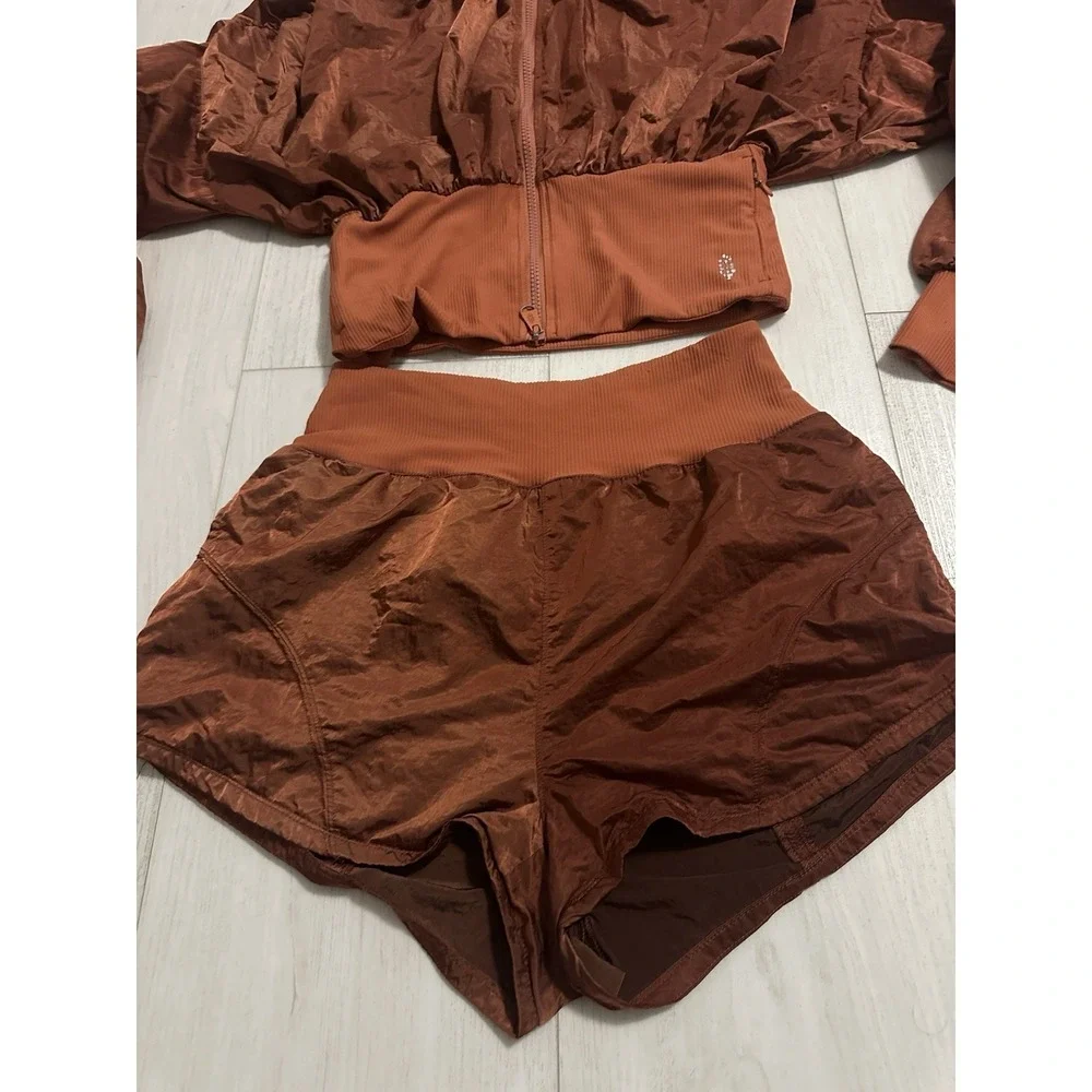 Free People Movement Start Me Up Hoodie Jacket & Shorts Set Sz S Bronze Color